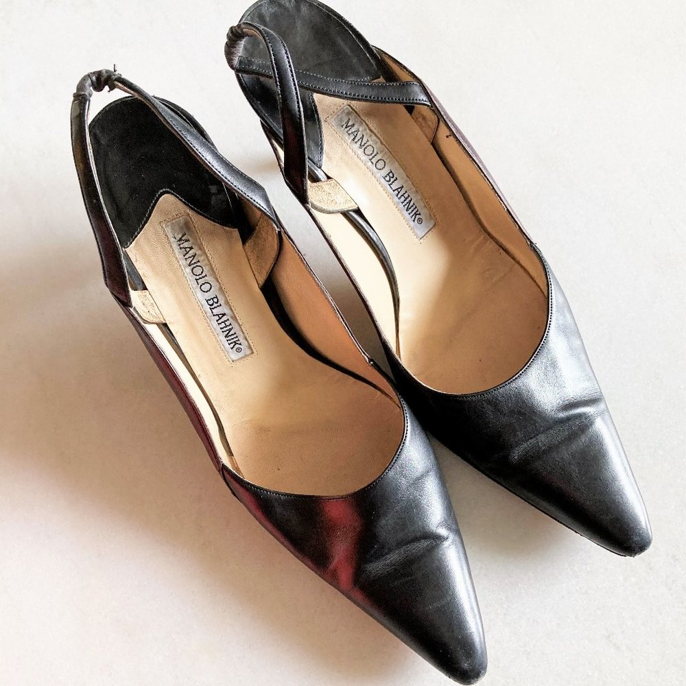 Manolo Blahnik black & brown leather slingback heels, pointed toes, stiletto - Picture 10 of 10